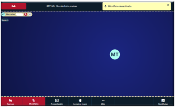 Pantalla con aviso de micrófono desactivado