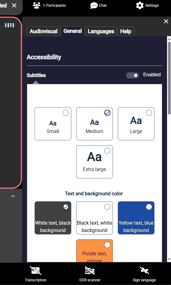 Ventana de Configuración de Ajustes Generales con subtítulos seleccionados