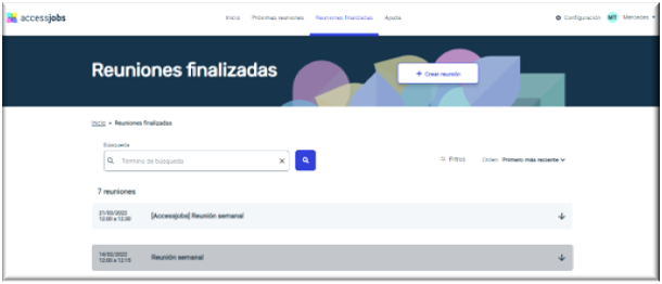 Página de reuniones finalizadas