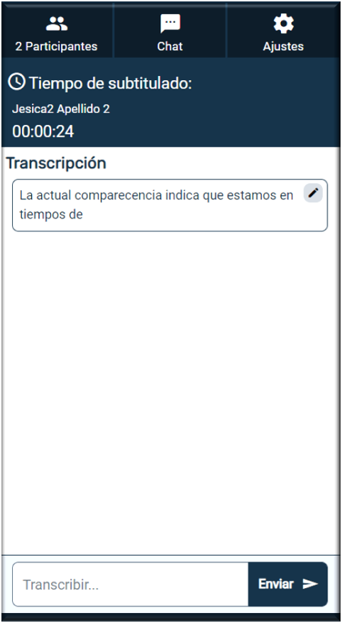 Ventana con el tiempo de subtitulado y la transcripción